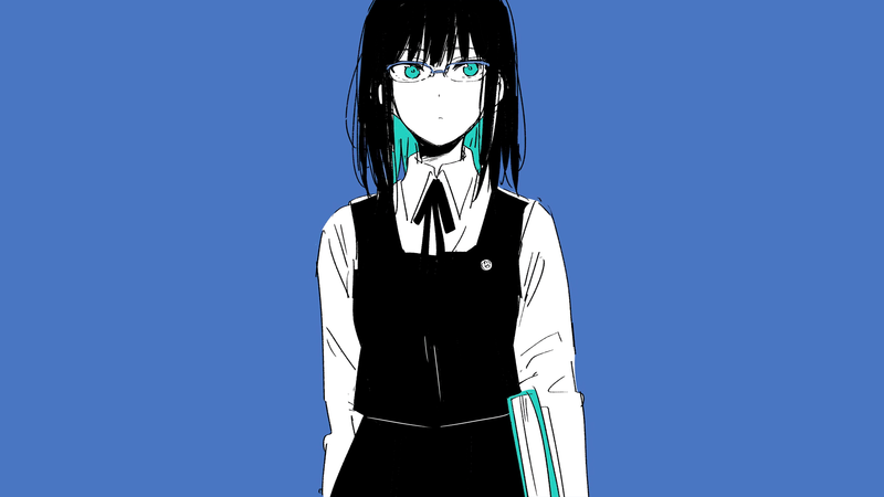 anime, manga, anime girls, simple background, minimalism, blue, schoolgirl, meganekko, black hair, glasses