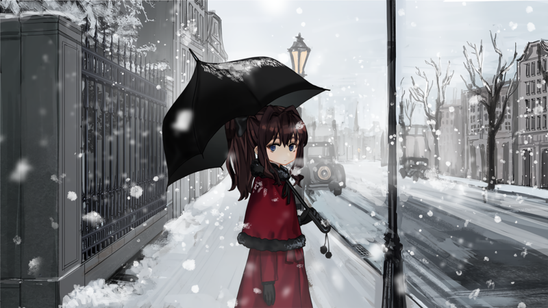 snow, car, umbrella, long hair, brunette