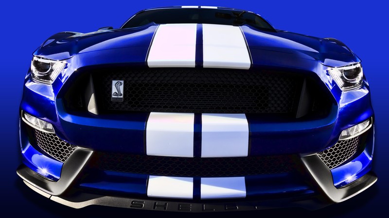 Ford Mustang, car, photography, Shelby GT350, front angle view, blue cars, blue, blue background
