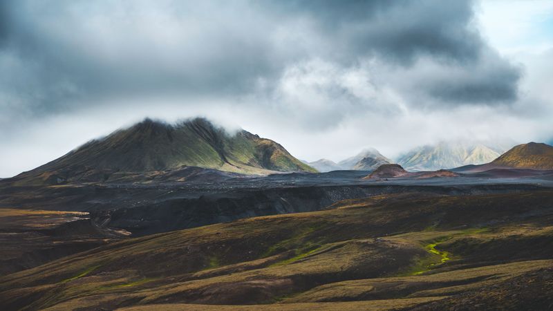 mountains, clouds, landscape, nature, iceland, 4k