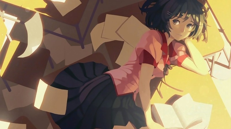 anime, anime girls, Monogatari Series, white skin, Hanekawa Tsubasa, shadow, school uniform, black skirts, books, dark hair, dark eyes, vofan