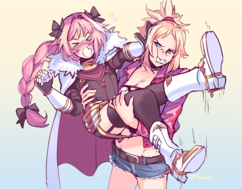 Fate Series, Fate/Apocrypha, Rider of Black, Astolfo (Fate/Apocrypha), Saber of Red, Mordred (Fate/Apocrypha), pink hair