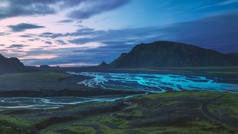 mountains, river, valley, landscape, iceland, 4k