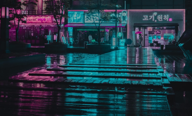 cyberpunk, city at night, illuminated, bar counter, nature, glow, store, incheon, architecture, glass, time, city, outrun, 5K, architectural, pink, incidental people