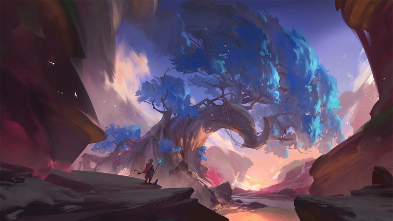 art, 1080P, cg artwork, fantasy art, digital art, fantasy landscape, tree, landscape, mage, mountain, concept art, computer, wizard