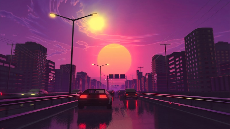 digital, transport, Sun, lights, city, architecture, street light, street, digital art, synthwave, dusk, cityscape, skyscape, landscape, vaporwave, cyberpunk