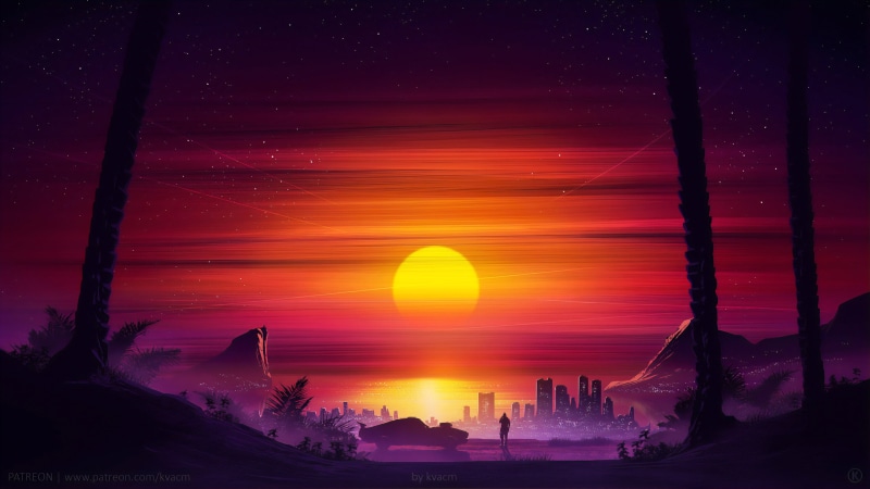 evening, Retrowave, water, trees, silhouette, drawing, synthwave, Mustang (Car), vaporwave, sky, car, reflection, concept art, landscape, lights, palm trees