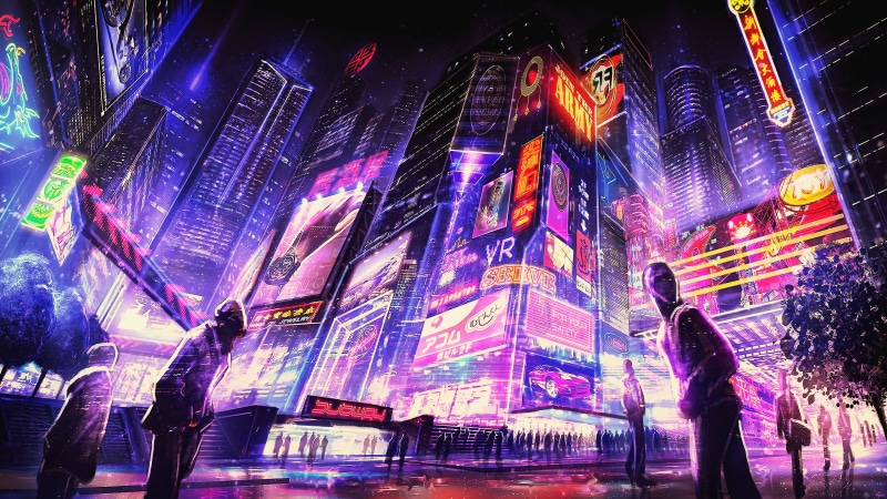 street, building, incidental people, 4K, futuristic city, artwork, motion, multi colored, architecture, blurred motion, fantasy art, purple, built structure