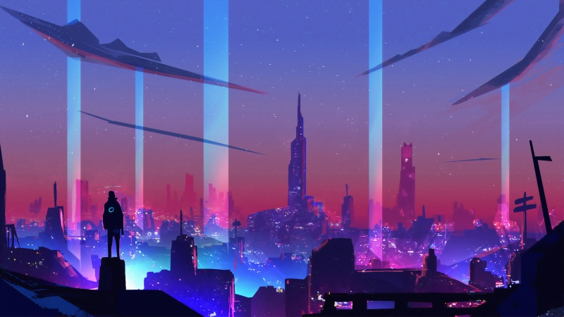 futuristic, city, building, 4K, cyberpunk, digital, cyber, artwork, evening, concept art, city lights, sky, cityscape, digital art, dusk, science fiction