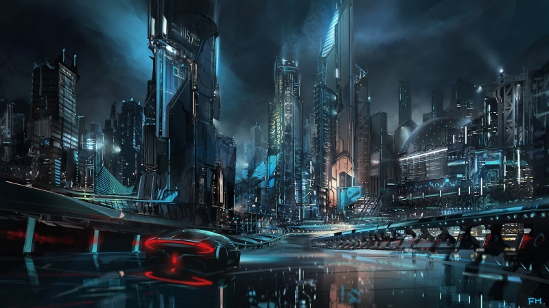 tower, cityscape, blue, futuristic, skyscraper, architecture, building, neon lights, lights, 1080P, neon, Dark Cyberpunk, artwork, digital, science fiction