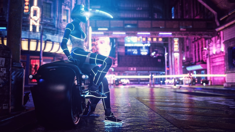 street, 4K, biker, cyber, artwork, women, digital art, pink, lights, science fiction, neon, vehicle, neon lights, city lights, futuristic, cyberpunk, city