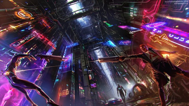built structure, futuristic, neon, artwork, futuristic city, music, nightlife, concept art, night, glowing, real people, apocalyptic, lighting equipment