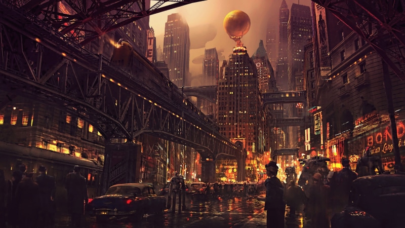 retro science fiction, dystopian, artwork, night, 4K, dieselpunk, cityscape, concept art, futuristic city, noir, The Boulevard, futuristic, street, digital art