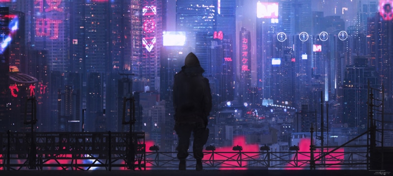night, dystopic, city, digital art, futuristic, lights, dark, neo-tokyo, science fiction, synthwave, 2K, Cheng Yu, futuristic city
