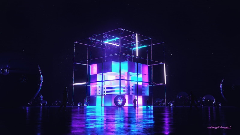 3D Abstract, landscape, cube, pink, 1080P, cyberpunk, neon lights, sphere, architecture, night, neon, digital, reflection, lights, people, 3D, surreal