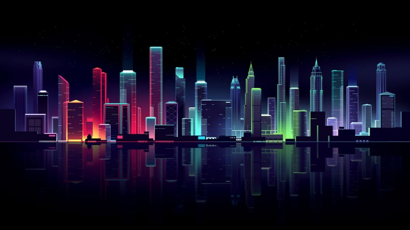 2K, lights, dark, reflection, illustration, futuristic city, skyline, digital art, Romain Trystram, cityscape, building, neon lights, neon, colorful