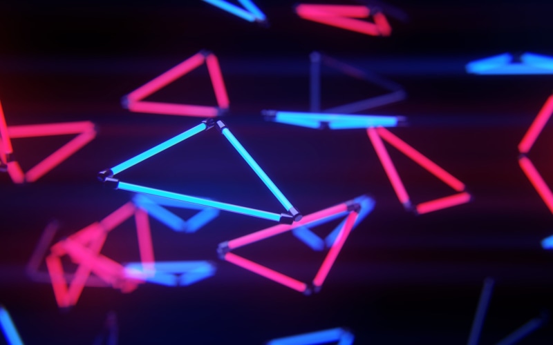 neon, close-up, lighting equipment, lights, digital art, cyan, led, arts culture and entertainment, triangle shape, abstract, sign, 3D, triangle, technology