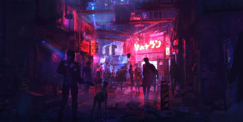lights, cityscape, concept art, digital, neon glow, street, neon lights, rural, Sergii Golotovskiy, neon, artwork, colorful, dog, people, robot, 2K, science fiction