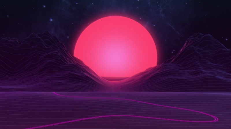 art, 80s, vaporwave, landscape, purple, darkness, graphics, neon, digital art, sky, 1980s, artwork, violet, space, neon art, retrowave, magenta, sphere