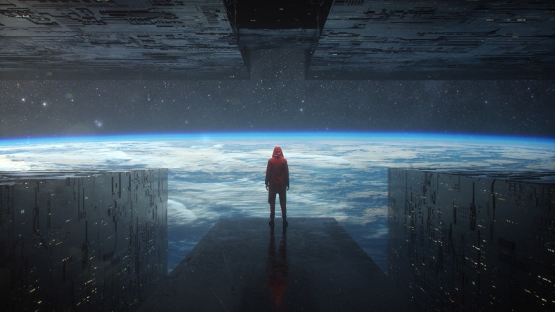 outdoors, digital art, fantasy art, 3D, Earth, alone, dark, science fiction, galaxy, lights, ship, red jackets, environment, clouds, landscape, futuristic