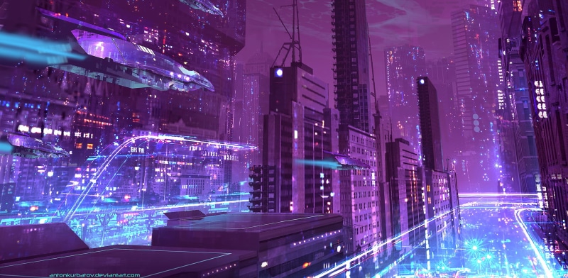 city, drawing, 1080P, cyan, digital art, artwork, violet, futuristic city, digital painting, purple, Anton Kurbatov, lights, cyberpunk, vehicle, skyscraper