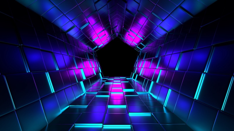 digital art, tube, special effects, lighting, energy, abstract art, line, shine, purple, visual effects, neon, pentagon, 3d, darkness, tunnel, glow, symmetry
