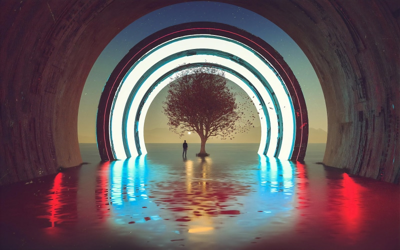 neon, surreal, abstract, men outdoors, digital, trees, sea, silhouette, outdoors, 4K, water, neon lights, artwork, men, fantasy art, digital art, reflection