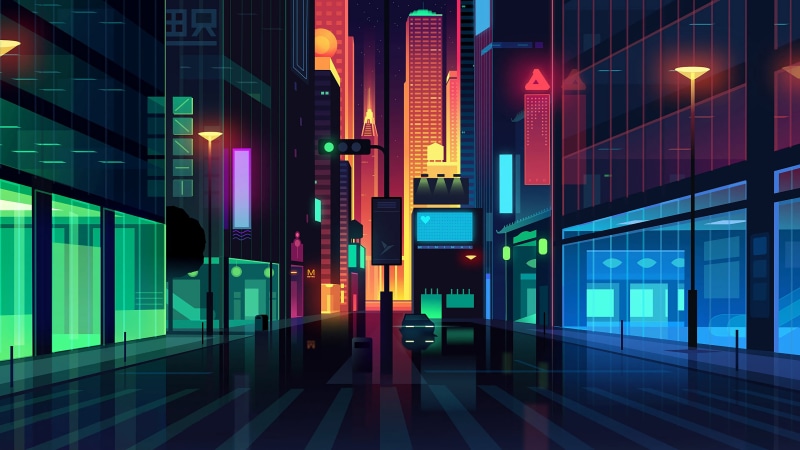 night, vector graphics, futuristic, cyber city, glowing, city lights, illustration, architecture, Romain Trystram, vector art, technology, colorful, outdoors