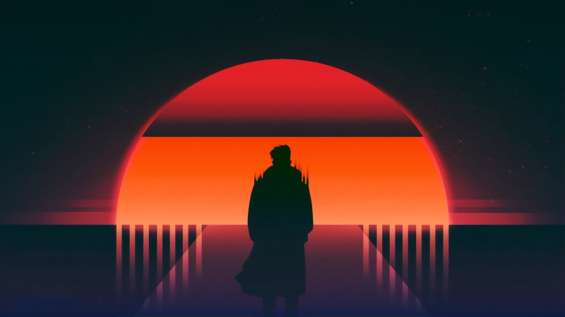 4K, men, digital, sea, fantasy art, concept art, dusk, 1980s, digital art, reflection, sunset, artwork, night, water, dark, landscape, environment, illustration