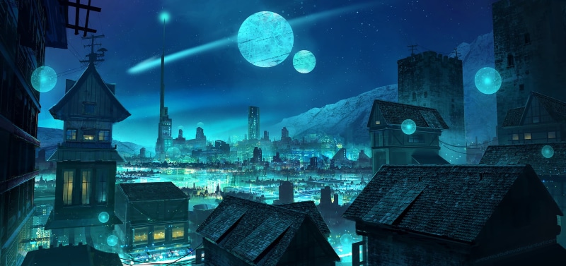 artwork, neon, lights, digital painting, Anton Kurbatov, architecture, cyan, 1080P, futuristic, city lights, drawing, fantasy art, moon rays, skyscape
