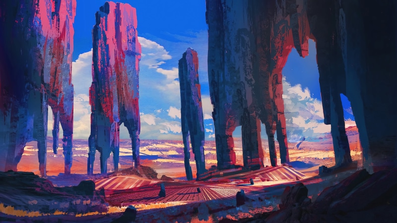 digital, sun rays, sky, Fantasy Architecture, 4K, drawing, digital art, skyscape, Sun, painting, clouds, environment, artwork, nature, outdoors, rocks