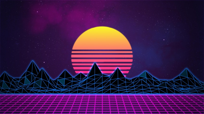 arts culture and entertainment, space, 4K, vaporwave, travel destinations, illuminated, outdoors, purple, scenics - nature, nature, pink color, mountains
