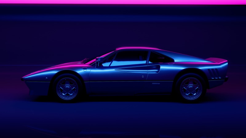 land vehicle, retro styled, illuminated, indoors, shiny, wheel, car, transportation, copy space, vintage car, vaporwave, chrome, luxury, no people, coupe