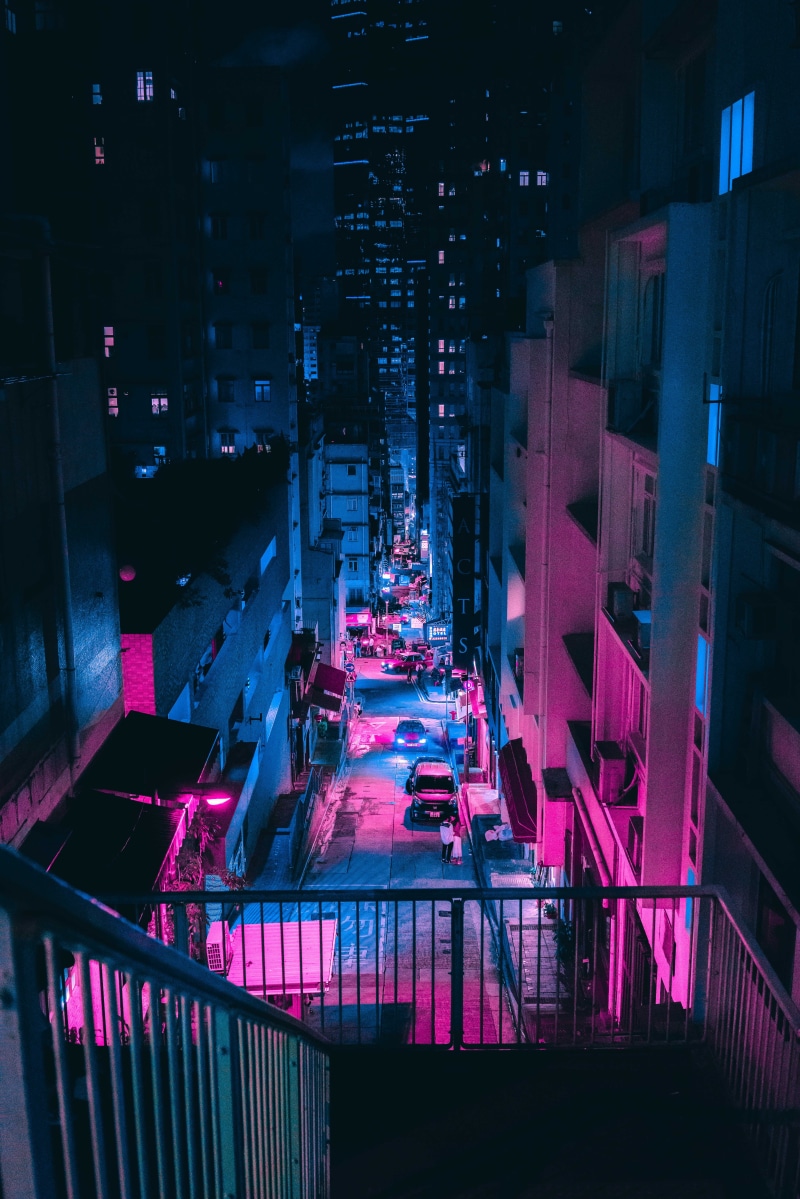 cityscape, blue, building Exterior, street, no People, street neon, outrun, dusk, lighting Equipment, night, downtown District, pink and blue neon, city Life