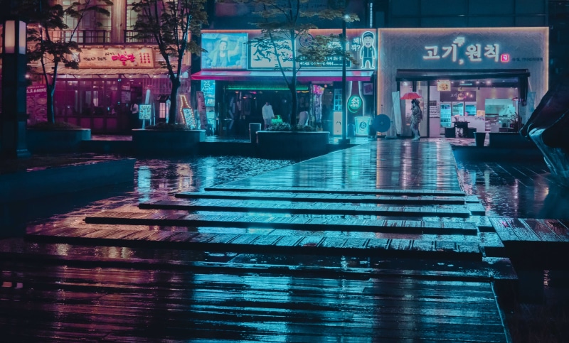 night, night time, architecture, storefront, neon light, time, reflection, water, unbrella, street view, vaporwave, city, outrun, night photography, illuminated