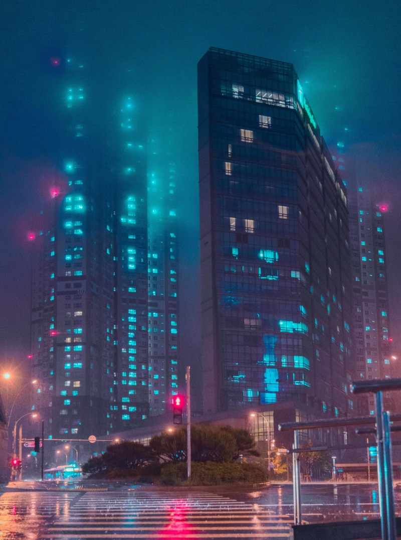 blade runner, cyberpunk, sky, snowing, glass, glass - material, office building exterior, blade, tower, city life, built structure, korea, reflection