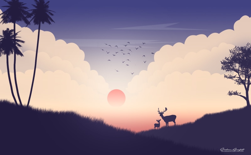 vector graphics, skyscape, Sun, digital, clouds, digital art, nature, birds, sun rays, silhouette, illustration, 2K, artwork, vector art, sunset, trees