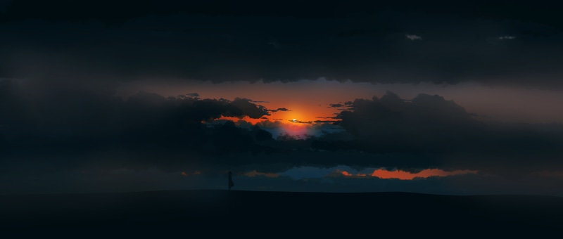 sunset, fantasy art, landscape, desert, dark, 5K, artwork, environment, minimalism, drawing, digital, nature, solo, women, illustration