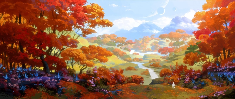 mountains, planet, artwork, digital painting, landscape, 5K, digital art, skyscape, illustration, water, outdoors, sky, trees, fantasy art, forest, clouds