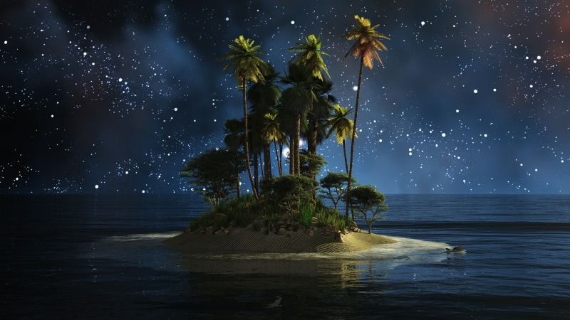 nature, island, islet, fantasy art, tree, water, darkness, midnight, atmosphere, sky, night sky, 4K, night, sea, starry night