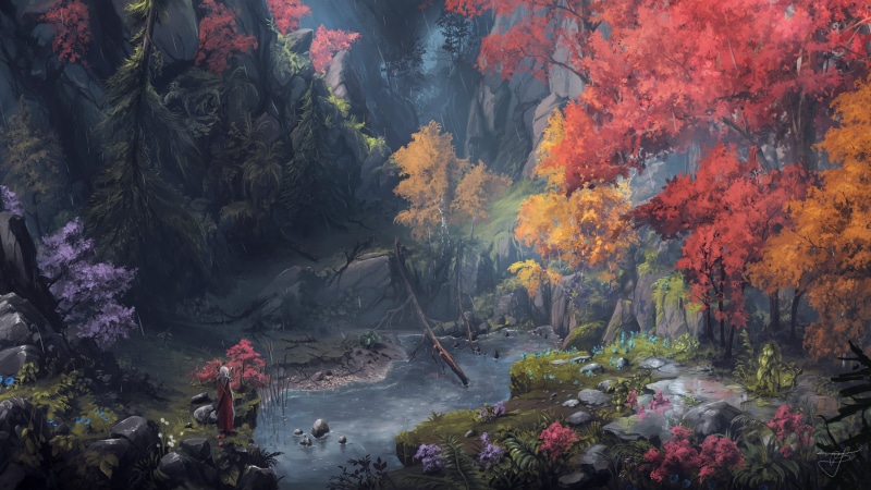 maple Tree, rock, water, day, flowing, scenics - nature, lake, waterfall, river, vibrant Color, flowing water, fog, forest, yellow, landscape, autumn, tree