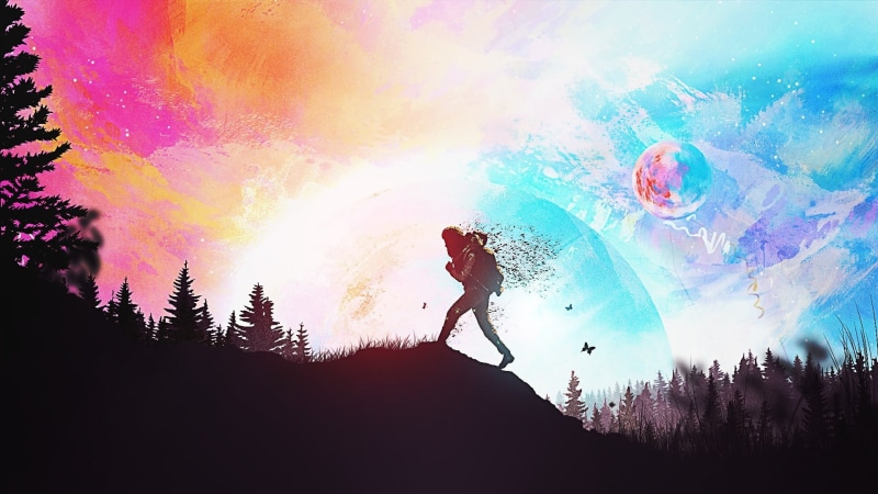 silhouette, man, nature, fantasy art, 1080P, motion, forest, full length, low angle view, tree, near, men, fun, illustration, sunset, multi colored, real people