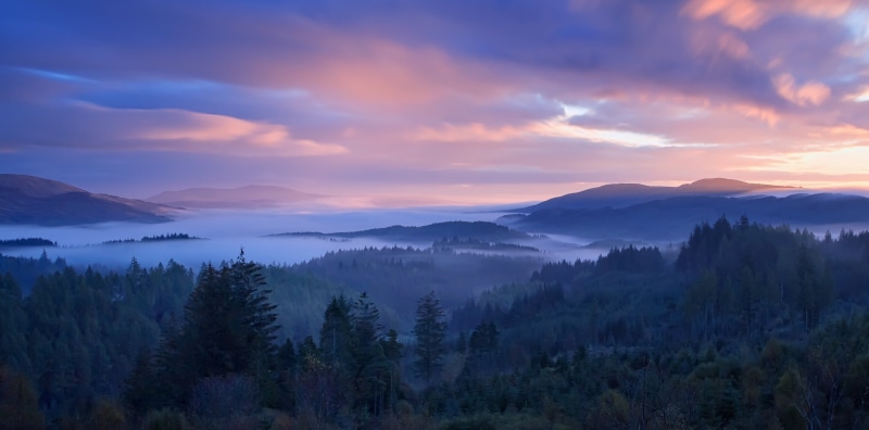 Scotland, Trossachs, sky, nature, 2K, trees, photo, beauty In Nature, tree, sunrise - Dawn, autumn, Pass, mountain, green, landscape, outdoors, Dukes