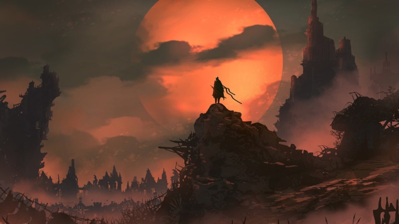 sky, landscape, sunset, mountains, Sun, 1080P, sword, warrior, digital art, dark fantasy, dark, castle, fantasy art, soldier