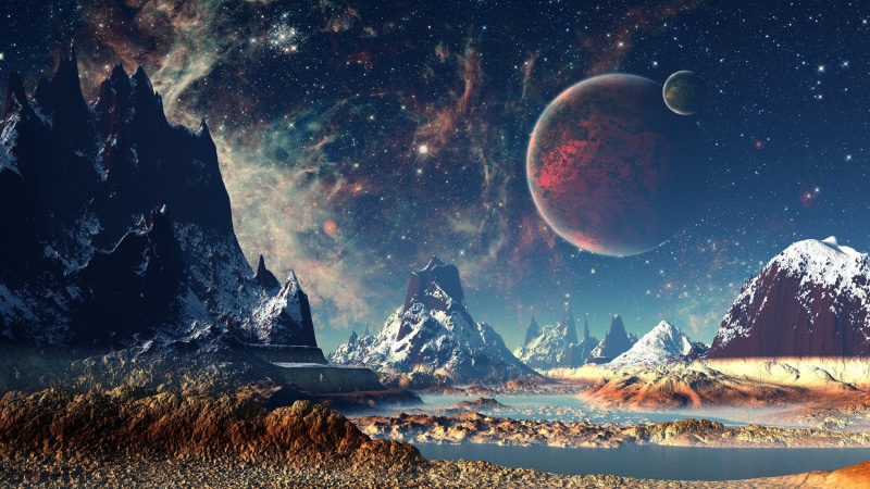 tranquil scene, sunset, star - Space, illustration, sky, stars, water, night, galaxy, moon, nature, backgrounds, scenics, sunrise - Dawn, winter, mountain Peak