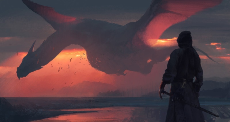 sea, dragon, facing, standing, land, water, beauty In Nature, looking at view, flight, tranquil Scene, 1080P, scenics, sunrise - Dawn, digital art, one person