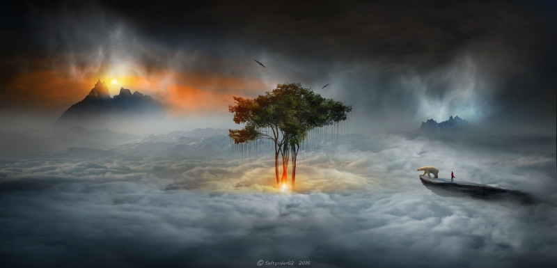 nature, fire, house, sign, tree, mist, outdoors, burning, sky, trees, volcano, landscape, white, warning sign, no people, fog, digital art, animals, cloud - sky