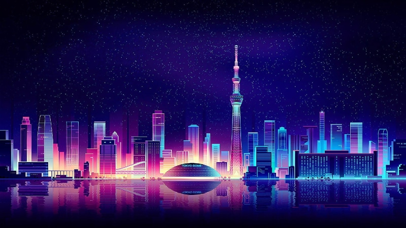 art, neon, night, skyline, starry night, starry, neon art, 1080P, skyscraper, metropolis, cityscape, fantasy city, stars, digital art, reflection, illustration