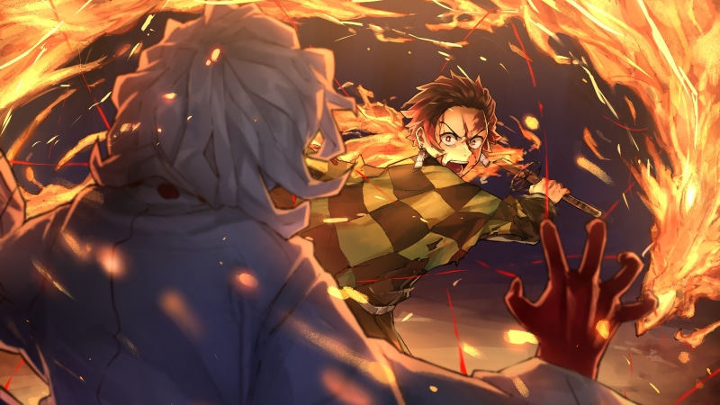 katana, Kimetsu no Yaiba, Kamado Tanjirō, artwork, fire, demon, 4K, digital art, battle, Tanjiro Kamado, anime boys, anime