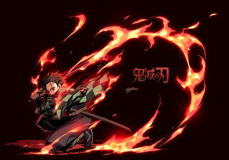 Tanjirou Kamado, Boy, Scar, 1080P, Demon Slayer: Kimetsu no Yaiba, Red Eyes, Weapon, Katana, Kimetsu no Yaiba, Fire, Anime